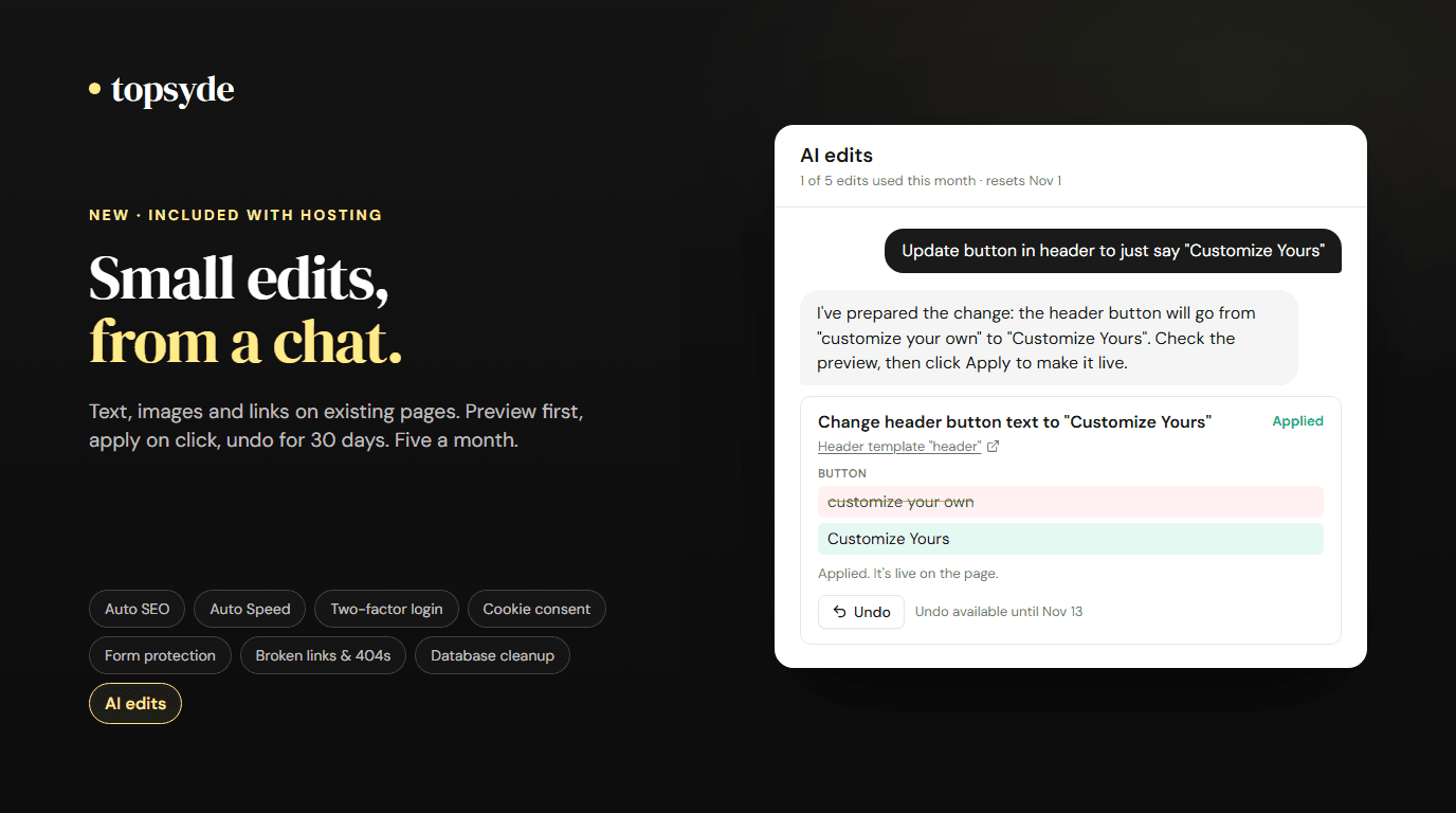 The TopSyde portal's AI edits chat: a request to change a header button to Customize Yours, the applied before-and-after, and an Undo button available for 30 days