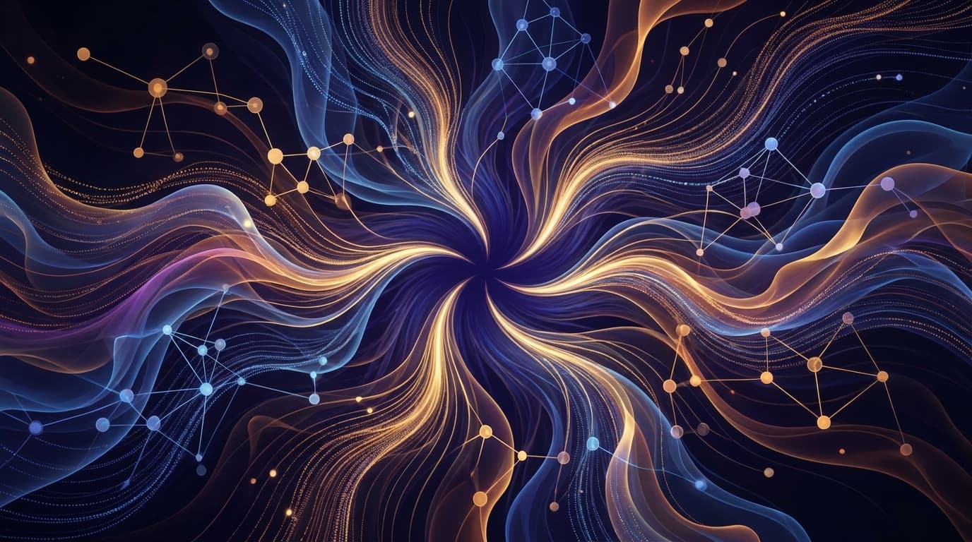 Abstract streams of light spiralling into a dark centre, ringed by small networks of connected points