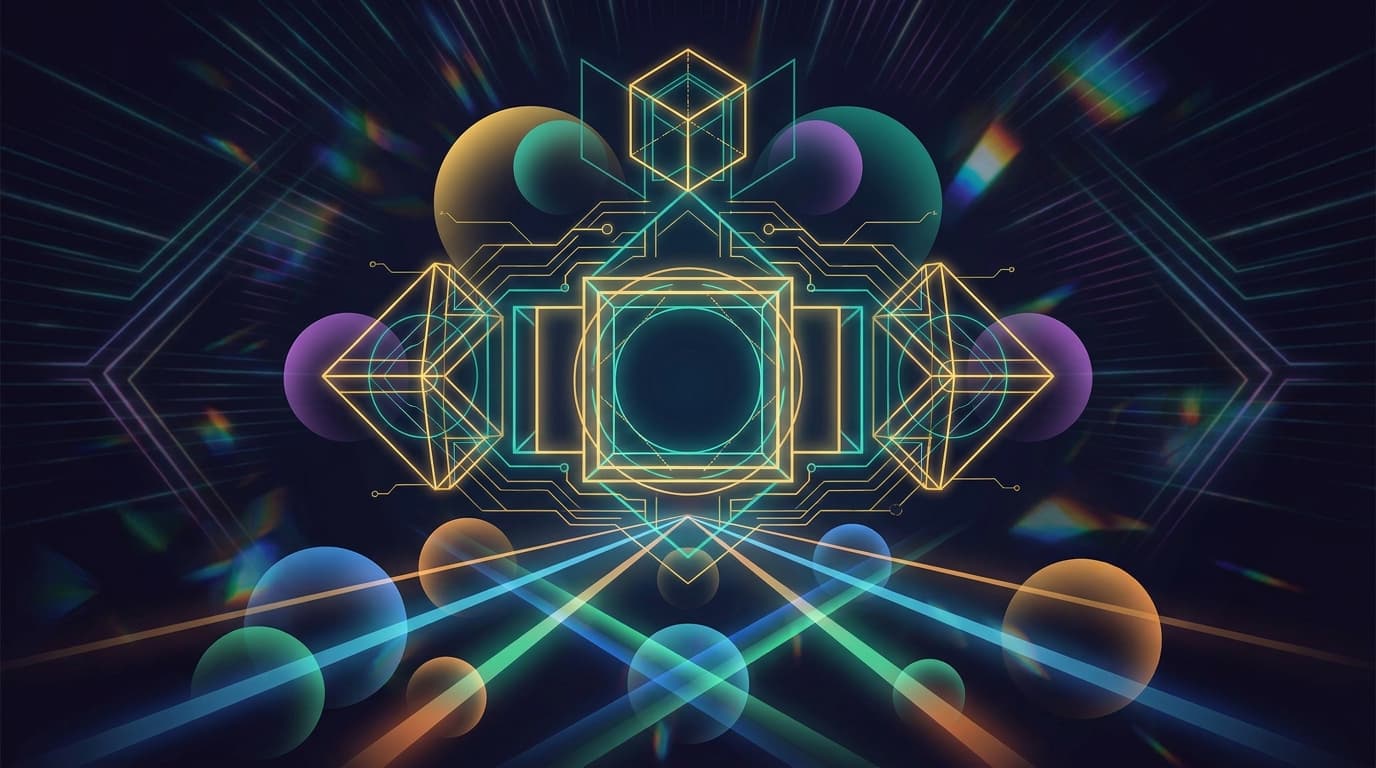 Abstract neon wireframe of a geometric gateway with beams of light passing through it