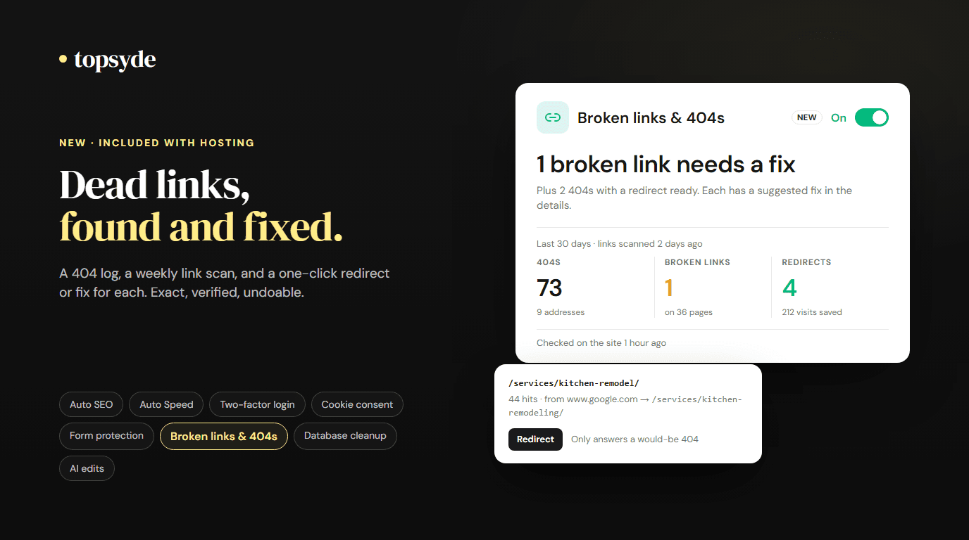 The TopSyde portal's broken links card showing a 404 with a redirect ready and a broken link with a fix