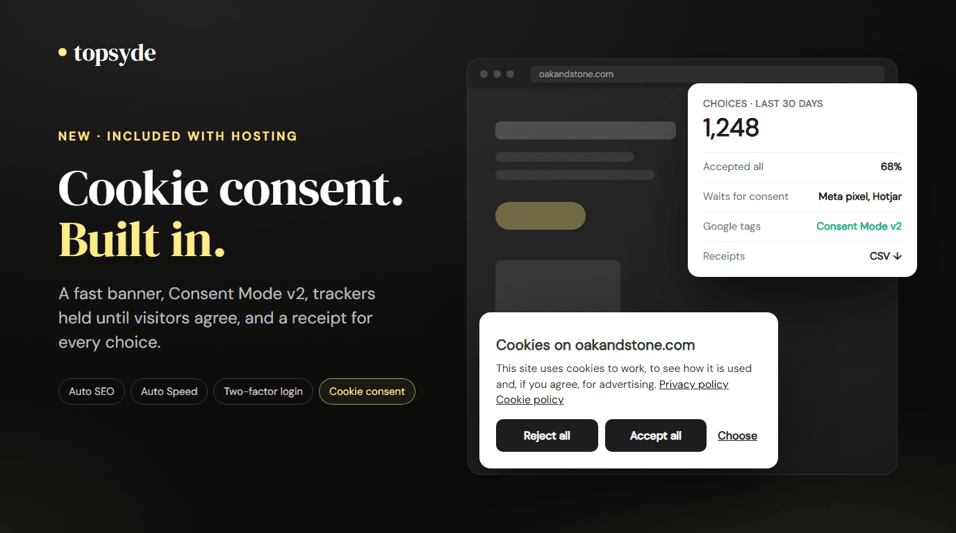A cookie banner with equal Reject all and Accept all buttons next to the TopSyde portal's cookie consent card