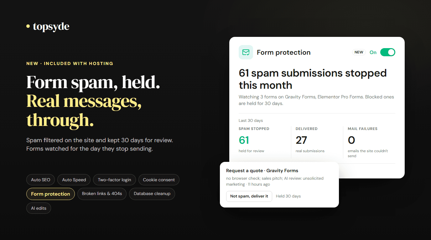 The TopSyde portal's form protection card showing spam submissions stopped, next to a held submission with a deliver button
