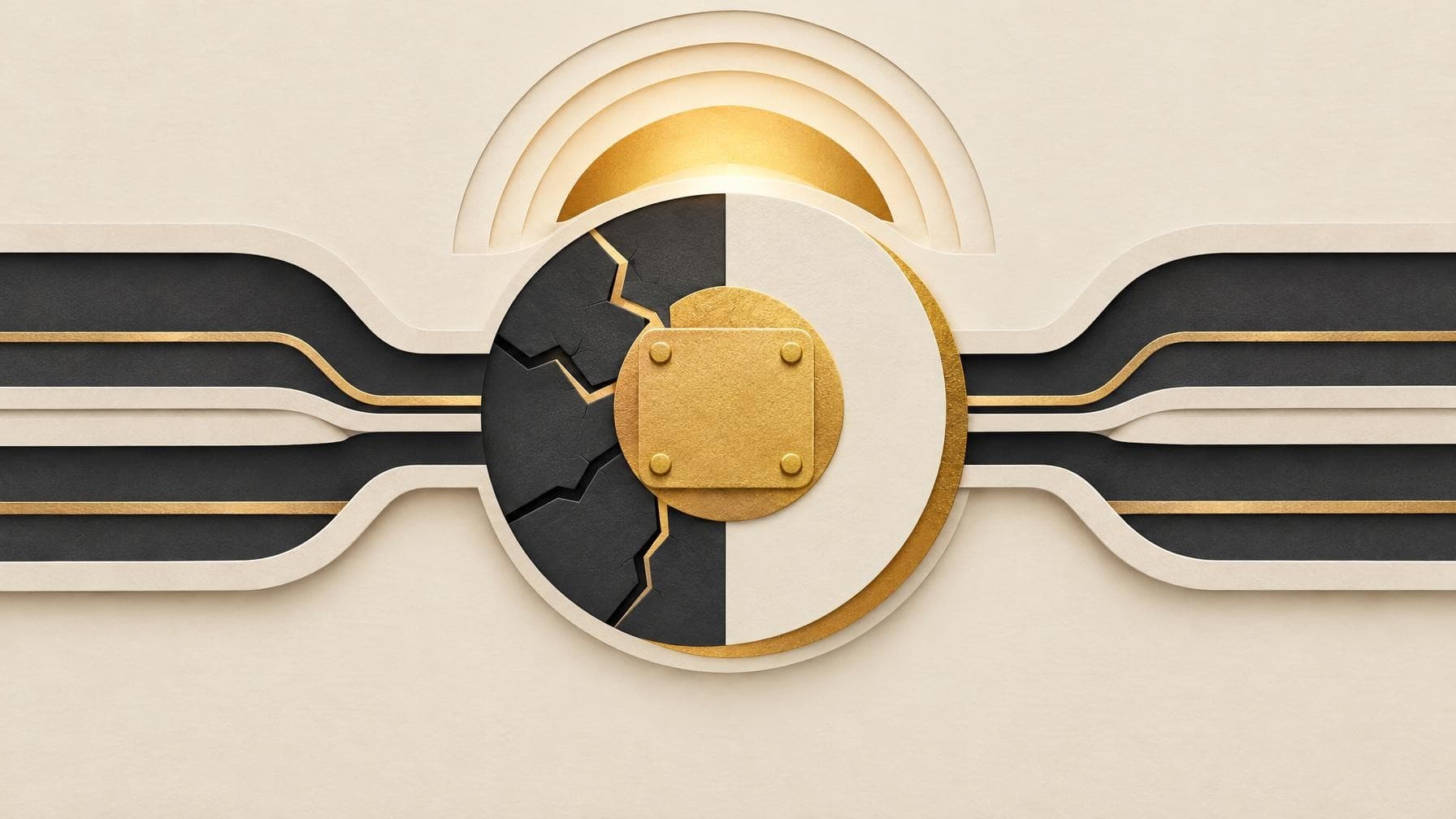 A cracked dark disc sealed with a riveted gold patch, gold lines running out to either side