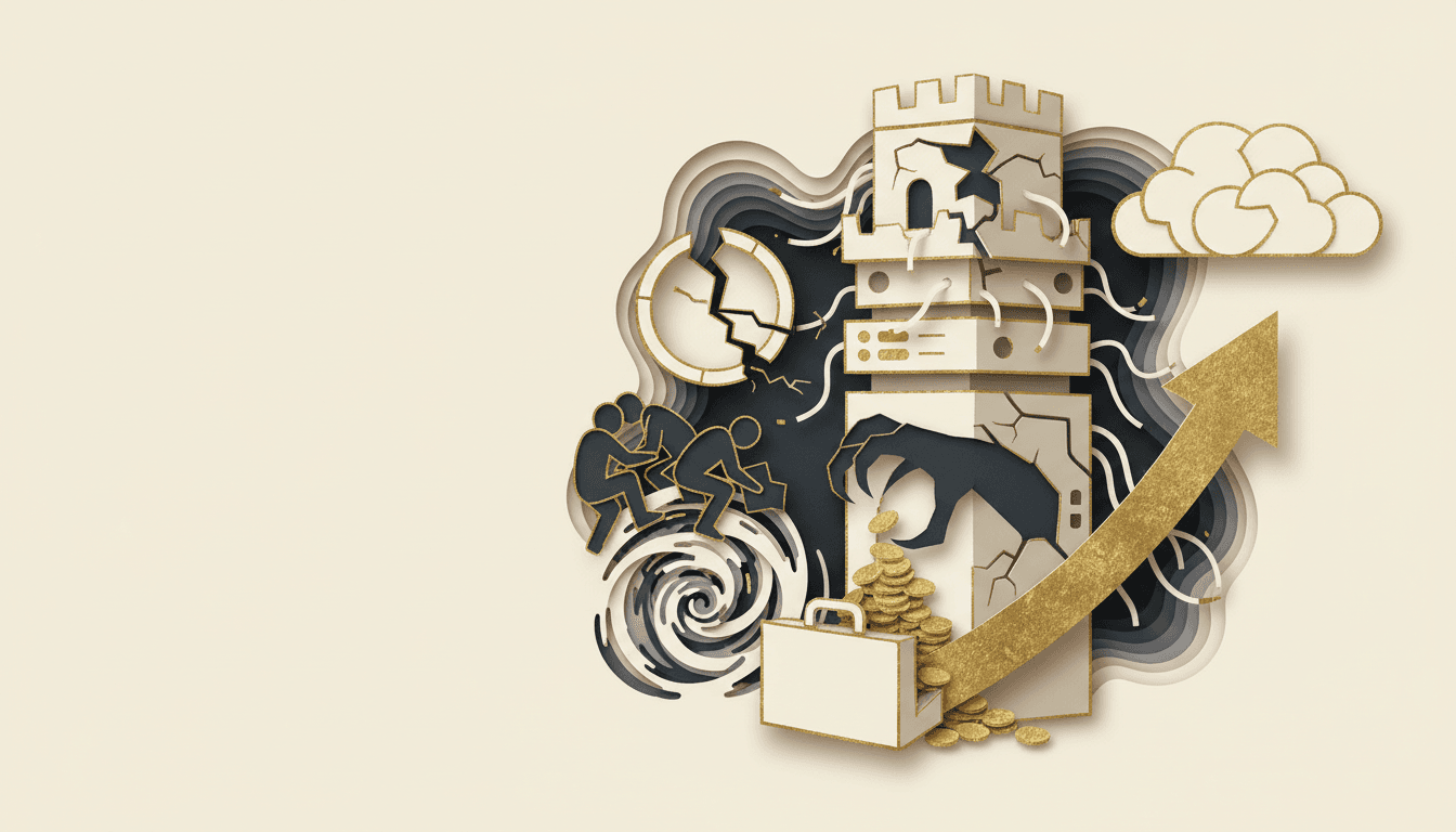 Agency owner reviewing hosting costs with calculator and laptops showing WordPress sites