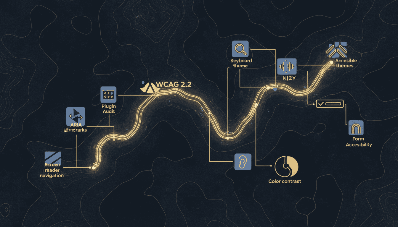 WordPress accessibility interface showing WCAG compliance tools and screen reader testing