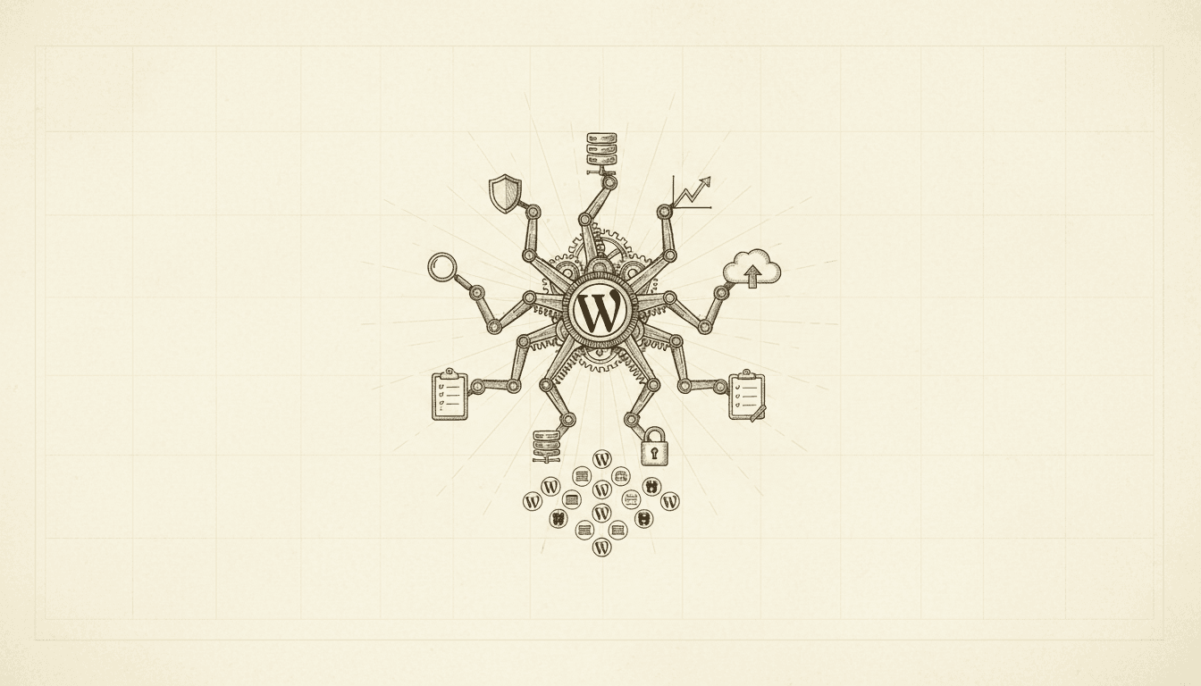 Dashboard showing multiple WordPress sites management interface with monitoring metrics