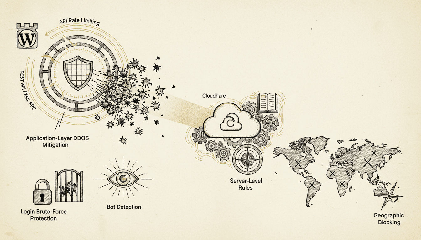 WordPress API rate limiting dashboard showing traffic patterns and security rules configuration