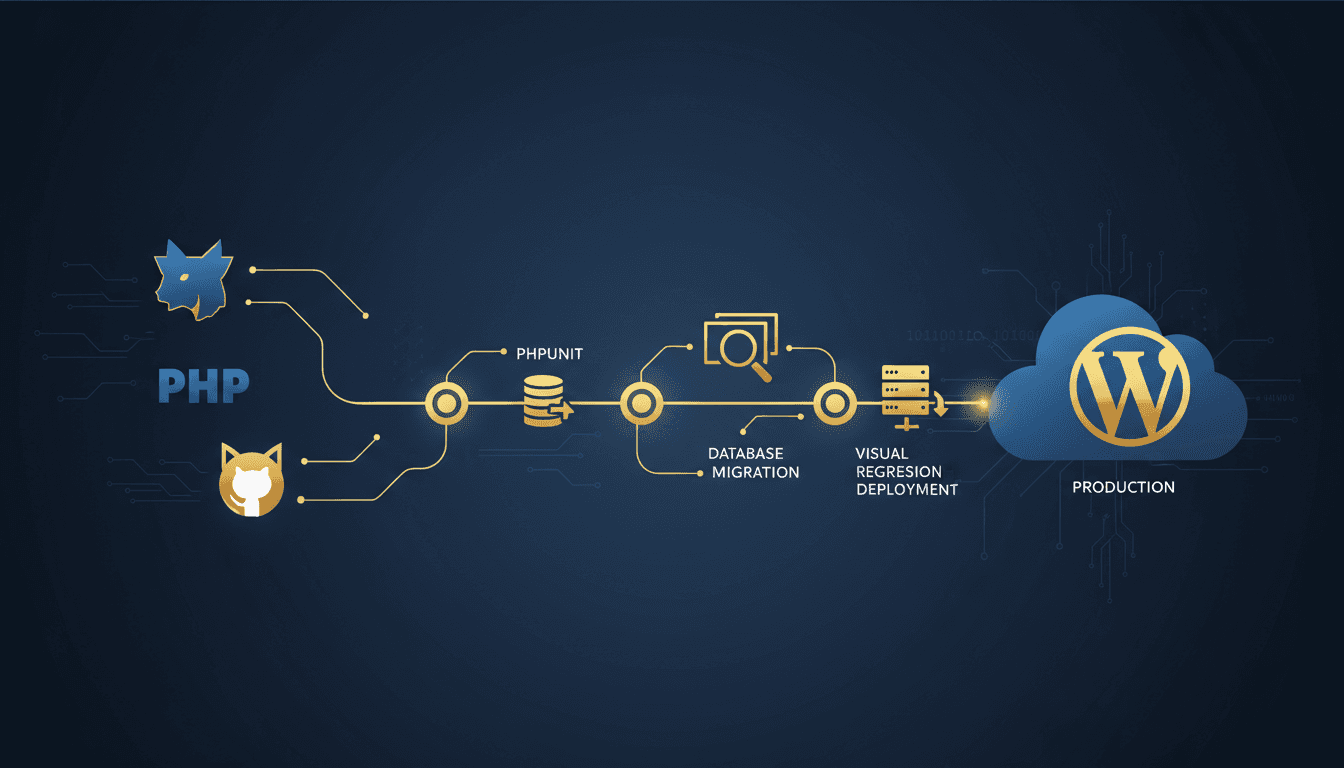 WordPress CI/CD pipeline workflow showing automated testing and deployment stages