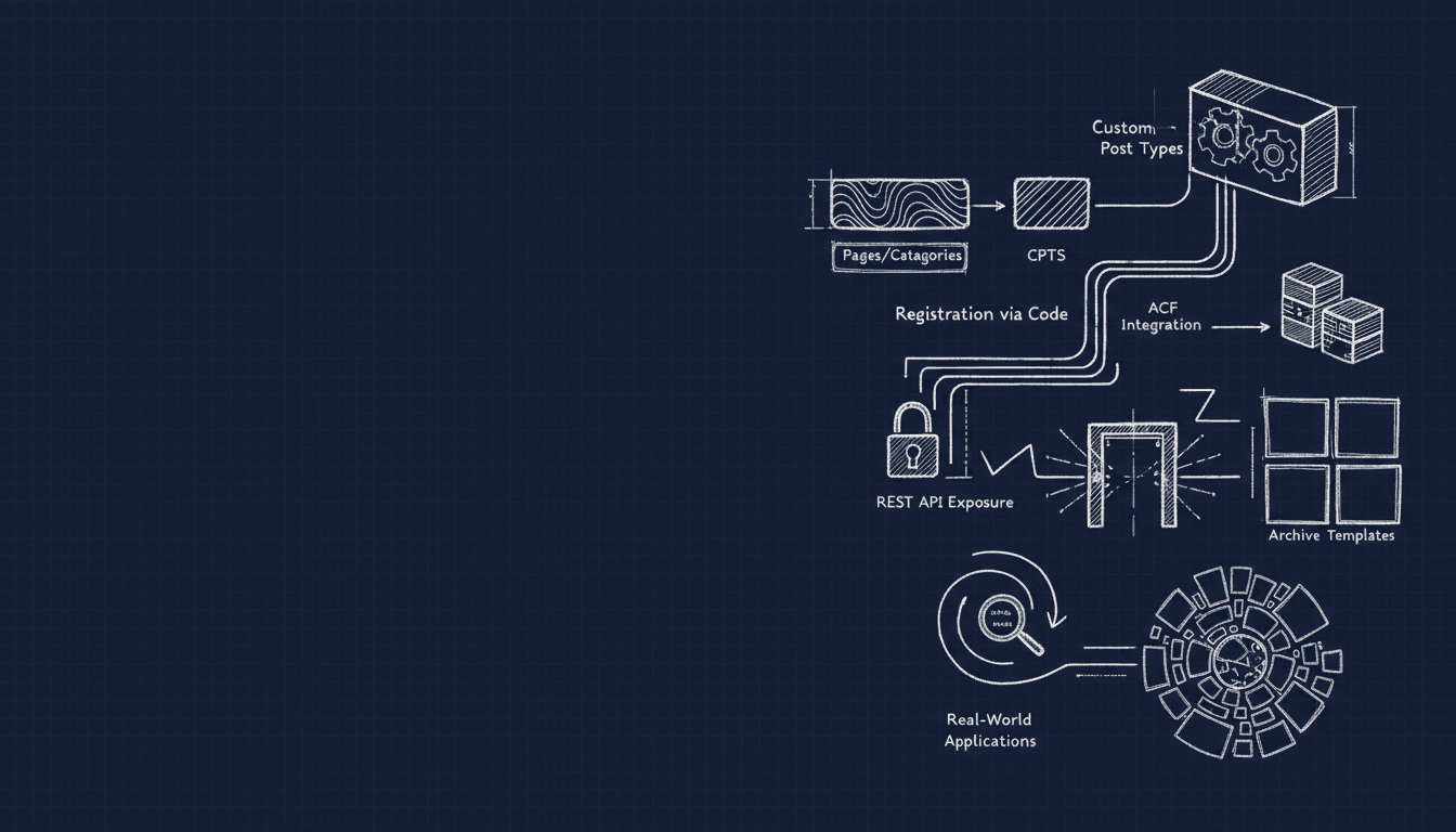 WordPress custom post types architecture diagram showing CPTs, taxonomies, and meta fields relationships