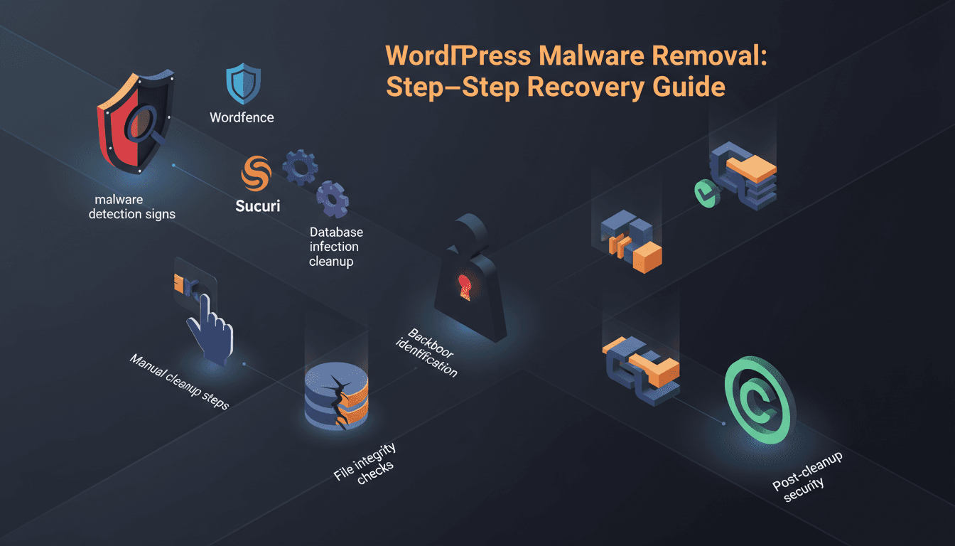 WordPress security shield with malware scanning interface and code cleanup visualization