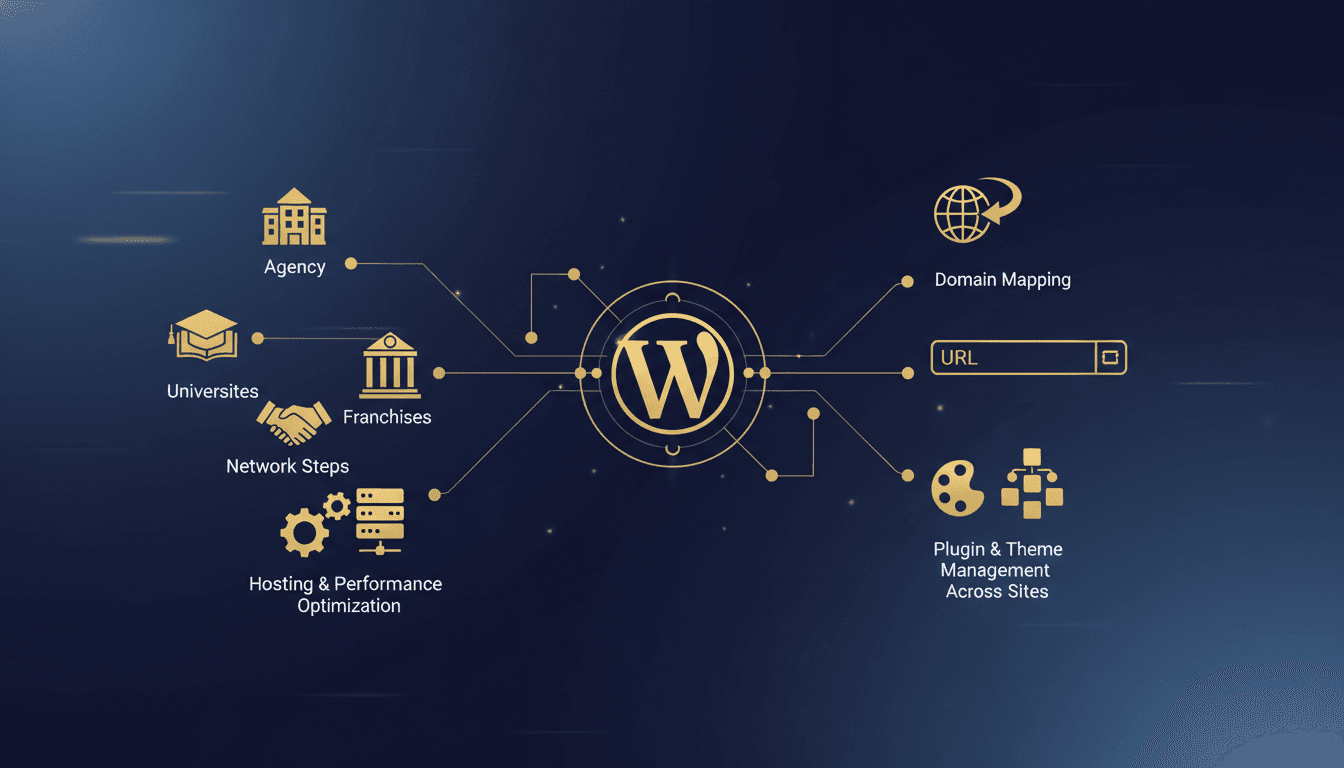 WordPress Multisite network dashboard showing multiple connected websites and management interface