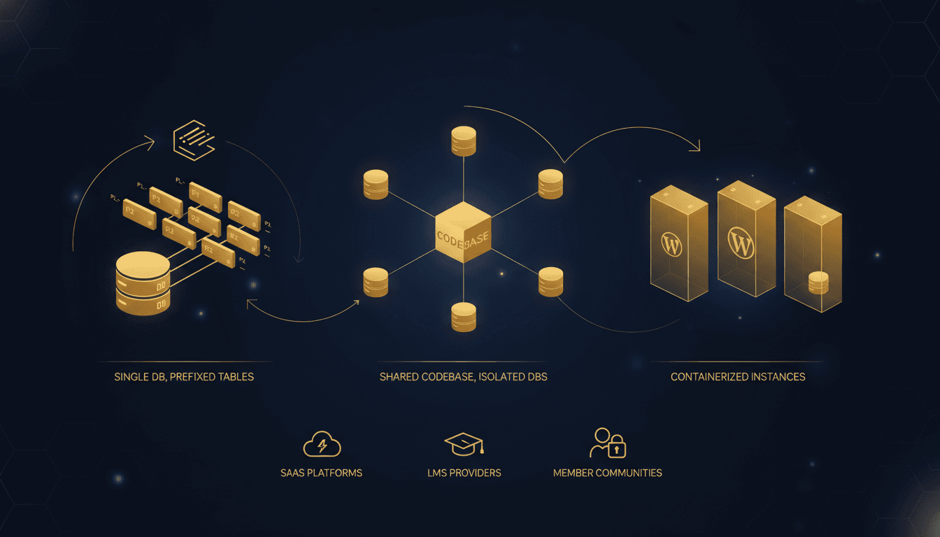 Diagram showing WordPress multi-tenancy architecture patterns with shared and isolated databases