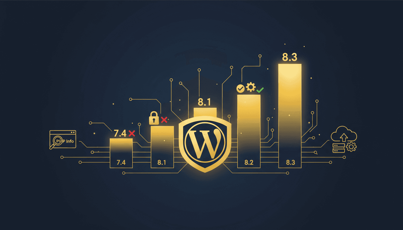 WordPress dashboard showing PHP version compatibility and performance comparison chart