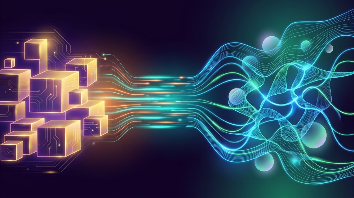 Illustration comparing a stack of WordPress plugins against a single AI-generated custom code file on a laptop screen