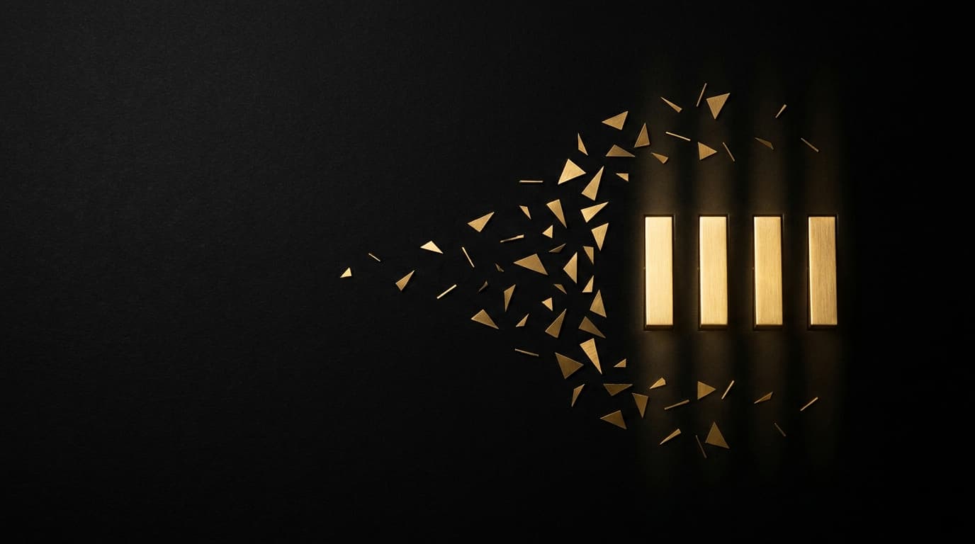 Scattered gold fragments resolving into four clean bars on black
